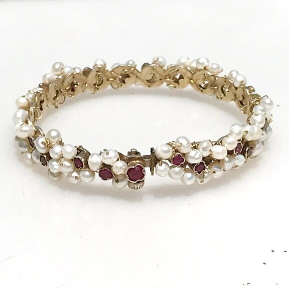 Austro Hungarian AAA Ruby Pearl Gilded Sterling Silver Bracelet Rare Antique 925 - Picture 9 of 10